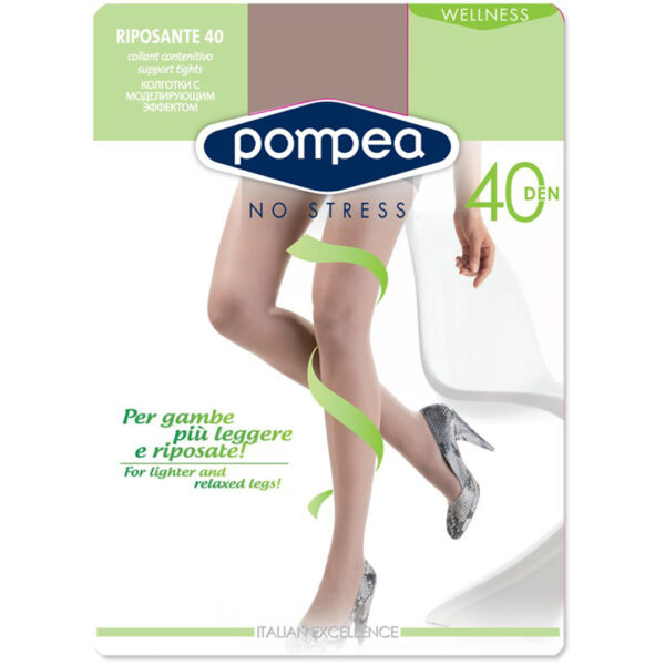 Collant Riposante 40 Pompea - set 6 paia: comfort e leggerezza per le gambe. Con compressione graduata, corpino contenitivo e punte rinforzate, dona sollievo durante la giornata. Trama 40 denari opaca per un effetto uniforme e sofisticato. Perfetto per lavoro e viaggi.