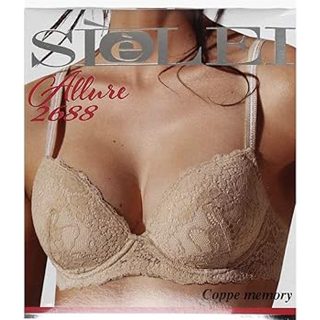 2688 Reggiseno Sielei: Balconcino con ferretto imbottito, coppa B, linea Allure. Pizzo floreale, imbottitura Memory, fiocchetto centrale. Eleganza e comfort per un look sicuro di te.