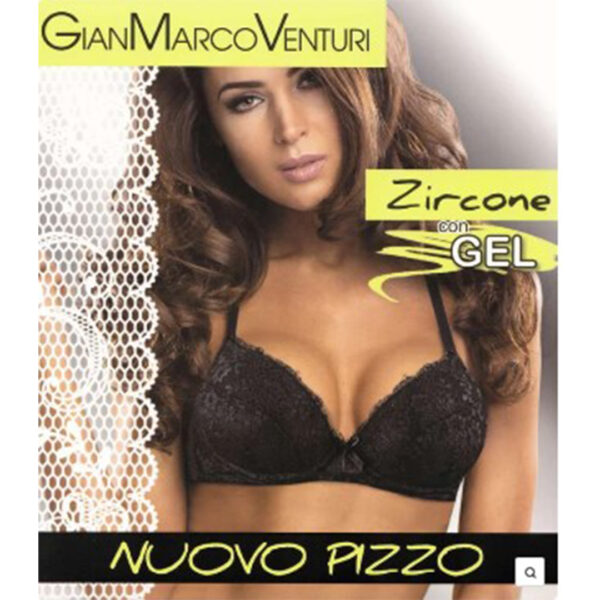 Zircone Reggiseno Balconcino Gian Marco Venturi: pizzo elasticizzato, ferretto graduato con gel, scollo profondo, logo GMV in strass. Stile, comfort e seduzione per un décolleté perfetto.