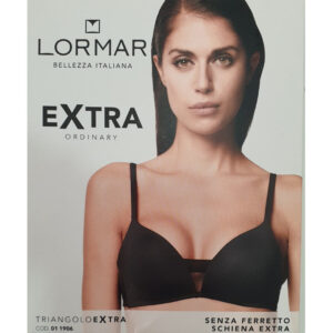 Triangolo Extra 1906 Reggiseno Lormar: reggiseno senza ferretto in microfibra liscia con coppe imbottite estraibili e bande laterali a incrocio. Comfort, sostegno e stile raffinato.