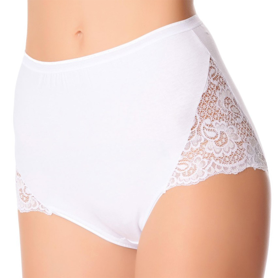 07 Slip Jadea: slip culotta a vita alta in cotone elasticizzato con inserti in pizzo floreale. Perfetto per comfort e stile quotidiano.