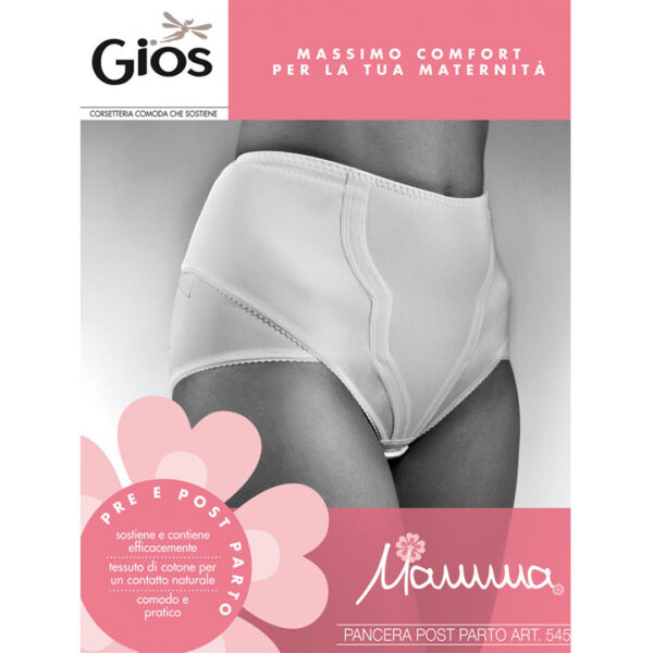 545 Panciera Post Parto GIOS: guaina contenitiva con pannello foderato in cotone ed effetto pancia piatta. Regolabile con fasce in velcro per un supporto personalizzato. Comfort e sostegno per il post gravidanza.